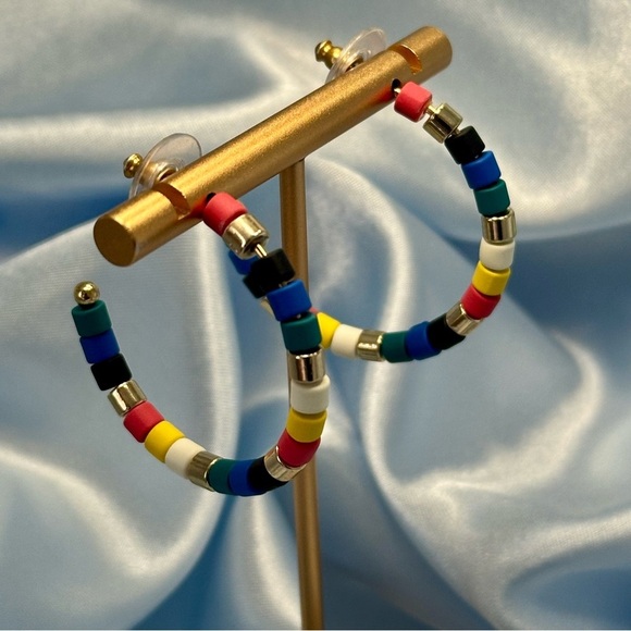 Colorful Beaded Hoop Earrings | Rainbow Statement Hoops 1.5" - Picture 6 of 9